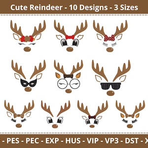 Niedliche Rentier Stickerei Design Paket - 10 Designs - 3 Größen - Instant Download