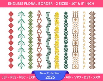 Border Embroidery Design Set | Floral & Decorative Patterns | Machine Embroidery | 2 Sizes | instant download