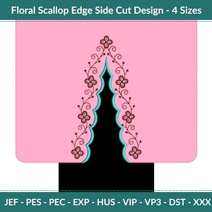 May include: A pink background with a black scalloped edge design. The design features a floral pattern with red and blue flowers and green vines.