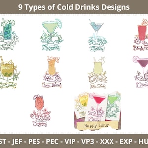 Pode incluir: Nove ilustrações coloridas de diferentes tipos de coquetéis, incluindo uma margarita, um mojito, um martini, um bloody mary, um mint julep, um long island iced tea, uma piña colada, um cosmo e uma sangria. As ilustrações estão em um estilo vintage com um visual desenhado à mão. O texto "Happy Hour" está na parte inferior da imagem.