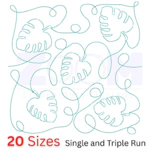 Könnte beinhalten: Türkisfarbenes Stickmuster mit stilisierten Monstera-Blättern und Ranken. Der Text "20 Sizes" in Rot und "Single and Triple Run" in Schwarz weist auf verschiedene Größen und Sticharten hin.