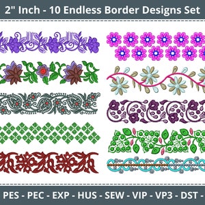 May include: Ten embroidery designs for endless borders, each 2 inches wide. The designs feature a variety of floral and geometric patterns in various colors, including purple, pink, green, red, blue, and gray.
