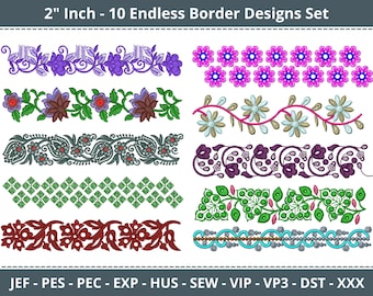 Endless Machine Embroidery Floral Border Designs - 10 Designs Set - Instant Download