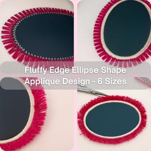 Puede incluir: Diseño de aplique con borde esponjoso en forma ovalada. El diseño presenta un centro azul oscuro, un borde blanco y una franja roja vibrante. El texto dice "Fluffy Edge Ellipse Shape Applique Design - 6 Sizes".