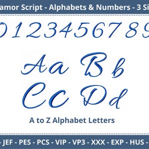 GlamourScript Embroidery Font Designs - Alphabet Buchstaben & Zahlen - 3 Größen - Instant Download