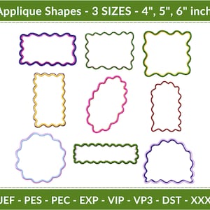 May include: Nine colorful applique shapes with wavy edges in various sizes, including 4, 5, and 6 inches. The shapes are in rectangular, oval, and circular forms, with colors like purple, green, pink, and yellow. Text at the top reads "Applique Shapes - 3 SIZES - 4", 5", 6" inch."
