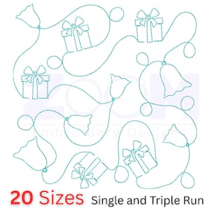 May include: An embroidery design featuring a repeating pattern of gifts and floral elements, rendered in a teal stitch on a white background. The design includes the text "20 Sizes" and "Single and Triple Run".