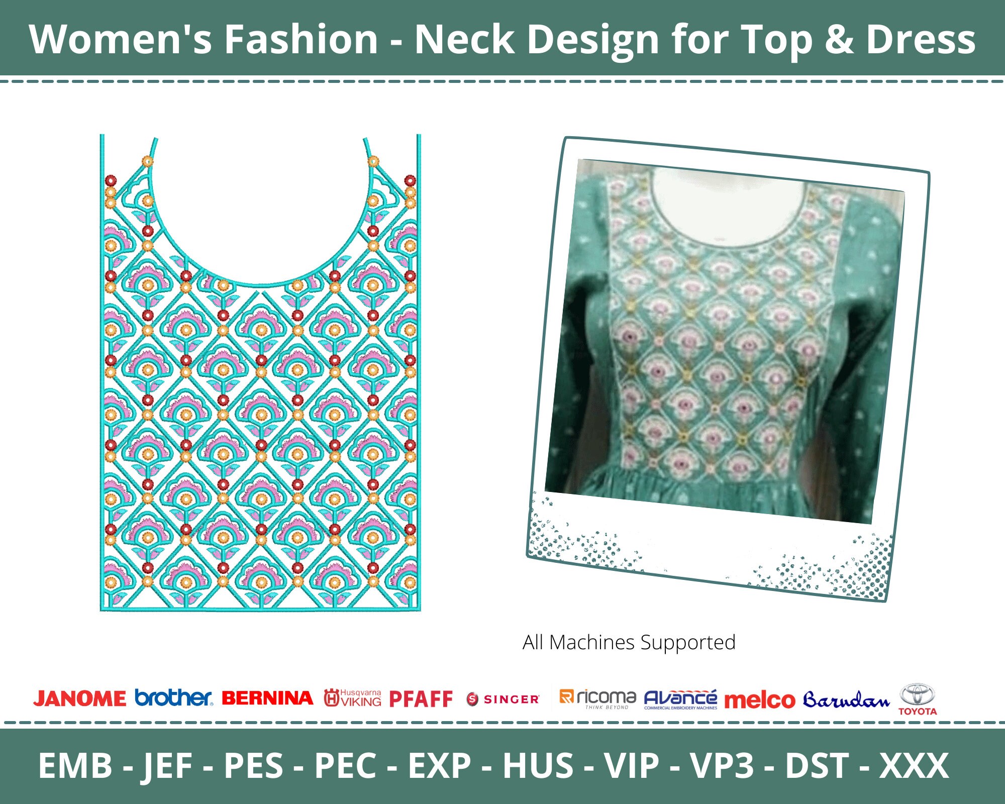Neckline Embroidery Design for Women's Tops & Dresses | U-shape Neck  Embroidery Pattern | Machine Embroidery File for Kurti, Blouse Tunic - Etsy