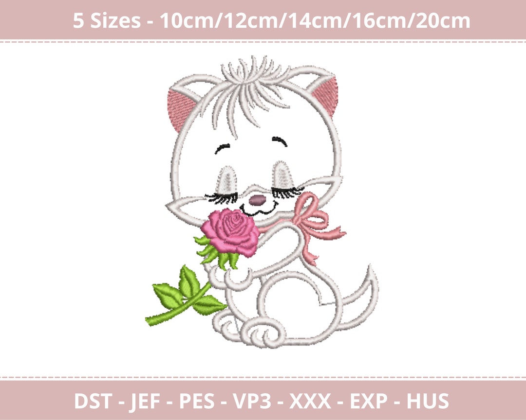 Cute Cat Machine Embroidery Design - Cat With Roes Applique Machine ...