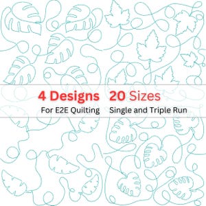 May include: White background with four different leaf designs in a teal color. The text reads "4 Designs 20 Sizes For E2E Quilting Single and Triple Run". The designs are for quilting.