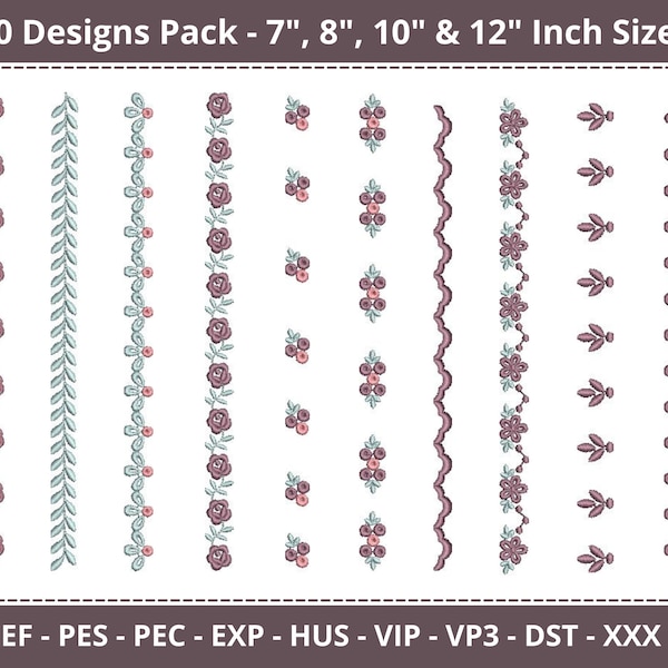 Diseño de bordado de borde de flores - Patrón y diseños de bordado de máquina de borde floral sin fin - 10 diseños - 4 tamaños - Descarga instantánea