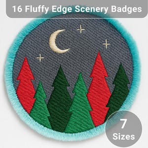 May include: Embroidered patch with a night sky scene featuring a crescent moon, stars, and evergreen trees in red and green. The patch has a fluffy, teal edge and the text "16 Fluffy Edge Scenery Badges".