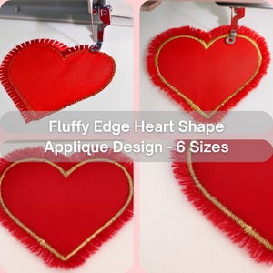 Puede incluir: Diseño de aplique en forma de corazón rojo con borde esponjoso y ribete dorado. La imagen muestra el diseño en múltiples vistas, con el texto "Fluffy Edge Heart Shape Applique Design - 6 Sizes".