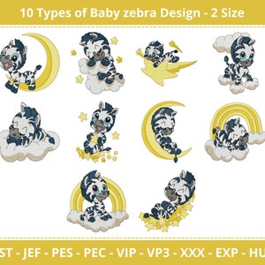 May include: Ten different embroidery designs of a baby zebra in various poses, including sleeping on a crescent moon, holding a star, and sleeping on a cloud. The designs are in black, white, and yellow.