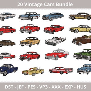 May include: A set of 20 vintage car embroidery designs. The designs feature a variety of classic cars in different colors, including red, blue, green, and yellow. The designs are perfect for adding a touch of nostalgia to your projects.