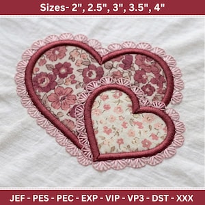 May include: Embroidered heart-shaped patches in various sizes, ranging from 2 to 4 inches. The patches feature a floral fabric design with a scalloped edge and a burgundy border. The text "Sizes- 2", 2.5", 3", 3.5", 4" is at the top.