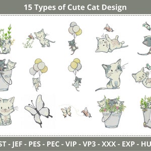 Puede incluir: 15 diseños diferentes de gatos lindos en varias poses, incluyendo gatos con globos, gatos en un cubo, gatos con mariposas y gatos en una maceta. El texto "15 Types of Cute Cat Design" está en la parte superior de la imagen.