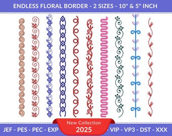 Endless Floral Border Embroidery Design, Ornamental Border Embroidery Pattern, 2 Sizes - Digital File for Embroidery Machines