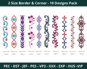 Florale Bordüren und Ecken, Maschinenstickerei mit 2 Größen Bordüren und Ecken, Stickmuster für Servietten, Tischdecken, Handtuch etc