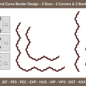 Puede incluir: Imagen que muestra un diseño de borde de curva floral con tres tamaños, dos esquinas y dos bordes. Los tamaños son 7,6 cm, 5,1 cm y 2,5 cm. El diseño es de color marrón oscuro. La imagen también incluye el texto "Floral Curve Border Design - 3 Sizes - 2 Corners & 2 Borders."