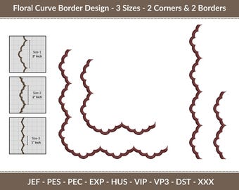 Floral Curve Border Embroidery Design Set – Endless pattern - 3 Wave Size with 2 Size of Corner and 2 Size of Border - Edge Cutwork Border