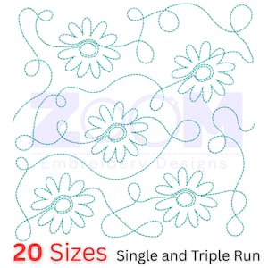 May include: A digital embroidery design featuring a repeating pattern of daisy-like flowers and flowing vines in a teal color. The text "20 Sizes" and "Single and Triple Run" are displayed in red and black.