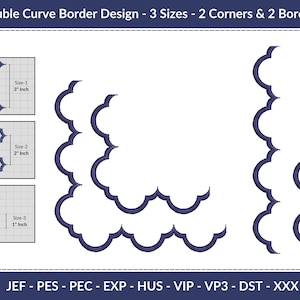 May include: A digital design featuring a double curve border in three sizes: 3 inches, 2 inches, and 1 inch. The design includes two corners and two borders, with the text "Double Curve Border Design - 3 Sizes - 2 Corners & 2 Borders".