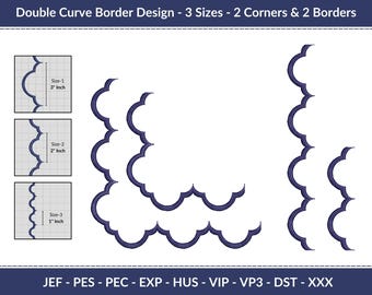 Double Curve Scalloped Border Embroidery Design Set – Endless pattern - 3 Wave Size with 3 Size of Corner and 2 Size of Border