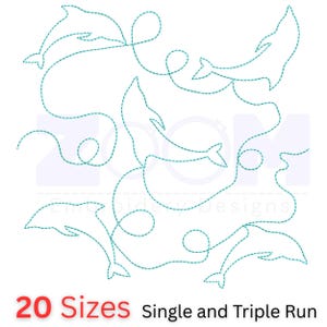 Puede incluir: Un diseño de bordado con múltiples contornos de delfines de color turquesa con un efecto de puntada punteada. El diseño incluye el texto "20 Tamaños Single and Triple Run" en rojo y negro.