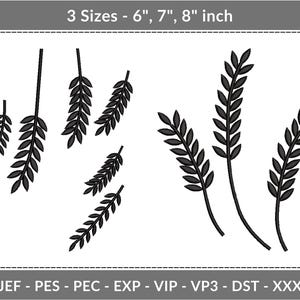 Puede incluir: Diseños de bordado de trigo negro en tres tamaños: 15, 18 y 20 cm. La imagen muestra varias espigas de trigo estilizadas, ideales para proyectos de bordado. El diseño está disponible en múltiples formatos de archivo.