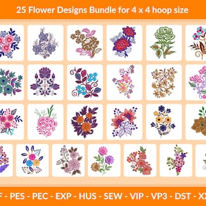 May include: A set of 25 embroidery designs featuring various colorful flower arrangements. The designs are perfect for 4x4 inch embroidery hoops. The file formats included are JEF, PES, PEC, EXP, HUS, SEW, VIP, VP3, DST, and XXX.