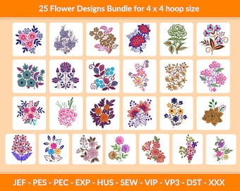24 Flowers Machine Embroidery Designs for 4x4 Hoop Size, Multiple Use Floral Embroidery pattern, Instant download