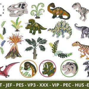 Könnte beinhalten: Ein Set mit 14 bunten Stickmustern mit Dinosauriern, Farnen, einem Vulkan, einer Palme und einer Uhr. Die Designs sind perfekt, um einzigartige und lustige Projekte zu erstellen.