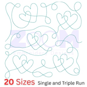 Peut inclure: Image de motifs de cœurs cousus en fil turquoise, présentés dans diverses compositions. Le texte "20 Sizes" est en rouge, et "Single and Triple Run" en noir, indiquant les options de point de broderie.