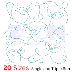 Pode incluir: Um design de bordado digital com um padrão repetitivo de folhas e vinhas estilizadas em fio turquesa. O design inclui o texto "20 Tamanhos Single and Triple Run". O design está em um fundo branco.