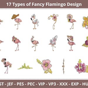 Fancy Flamingo machine Embroidery Designs, 17 Designs, Instant Download
