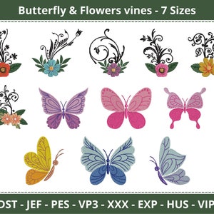 Butterfly & Flower Vine Embroidery Design Pack – 12 Elegant Nature Motifs in 7 Sizes – Machine Embroidery Pattern Collection