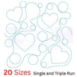 Può includere: Un design astratto con cuori e cerchi turchese collegati da linee fluide. Il testo "20 Sizes" in rosso e "Single and Triple Run" è in basso. Il design è su sfondo bianco.