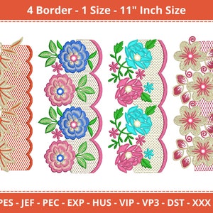 Puede incluir: Cuatro diseños de bordado para bordes, cada uno con un patrón floral diferente en rosa, azul y verde. Los diseños tienen 11 pulgadas de ancho y están disponibles en los formatos PES, JEF, PEC, EXP, HUS, VIP, VP3, DST y XXX.