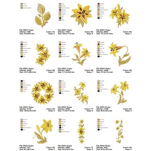 May include: A set of 10 embroidery designs featuring yellow lilies with green leaves. The designs are perfect for adding a touch of elegance to any project.