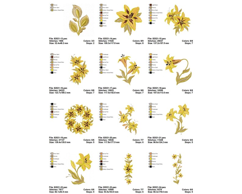 May include: A set of 10 embroidery designs featuring yellow lilies with green leaves. The designs are perfect for adding a touch of elegance to any project.