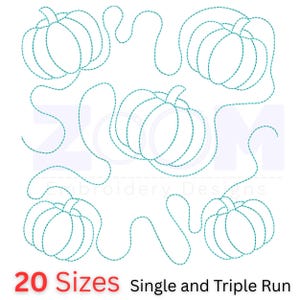 May include: A white background features a teal-coloured line drawing of pumpkins with stems. The text "20 Sizes" is in red, and "Single and Triple Run" is in black.