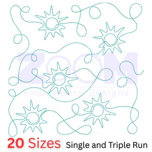 May include: An embroidery design featuring a repeating pattern of stylized suns connected by flowing lines, rendered in teal thread on a white background. The text "20 Sizes" and "Single and Triple Run" are displayed in red and black.