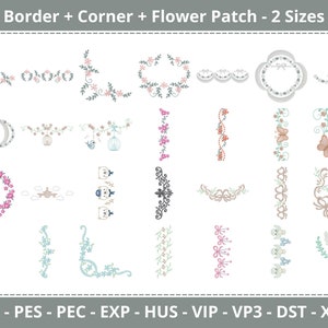 Puede incluir: Un conjunto de 24 diseños de bordado con bordes florales, esquinas y parches de flores en varios colores. Los diseños están disponibles en varios formatos, incluidos JEF, PES, PEC, EXP, HUS, VIP, VP3, DST y XXX.