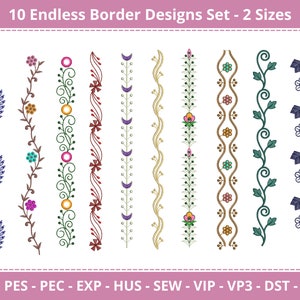 May include: Set of 10 embroidery designs for creating endless borders. The designs feature various floral and leaf patterns in a variety of colors, including blue, green, red, pink, and yellow. The designs are available in two sizes.