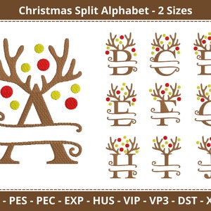 May include: A set of 9 split alphabet letters in the shape of a reindeer with antlers, red and yellow baubles, and a brown banner. The letters are A, B, C, D, E, F, G, H, and J. JEF - PES - PEC - EXP - HUS - VIP - VP3 - DST - XXX