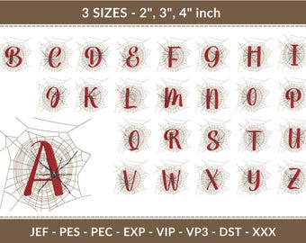 May include: A collection of red letters from A to Z, each set within a spiderweb design. The letters are available in 2, 3, and 4-inch sizes. The image also includes the text "3 SIZES - 2", 3", 4" inch".