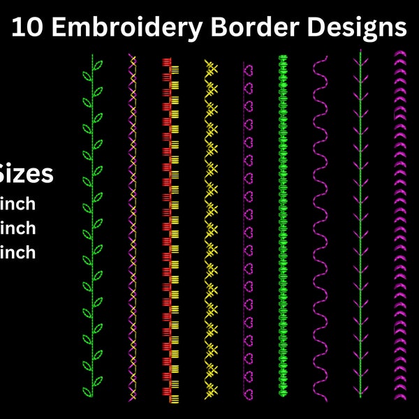 10 Simple Embroidery Border Designs for Multiple uses - Border Divider Line Embroidery Pattern and Design - 3 Sizes Each  - Instant Download