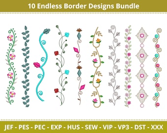 10 Endless Flower Border Embroidery Designs  - 8 Formats - Instant Download