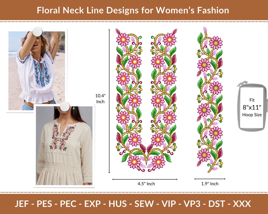 Floral Neck Line Machine Embroidery Designs for Women's Dress and Top